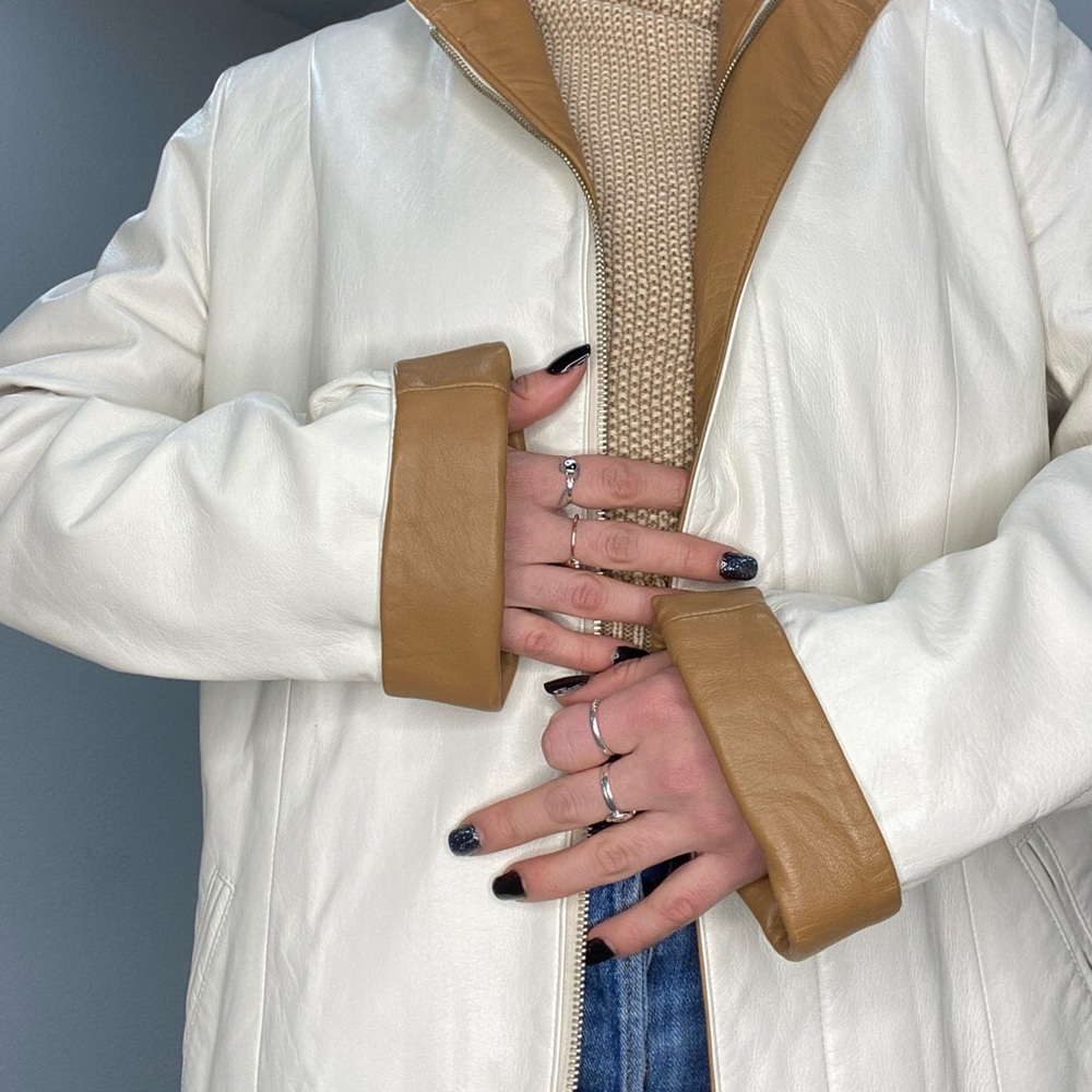 Moda in Pelle Firenze white and tan zip up leather jacket